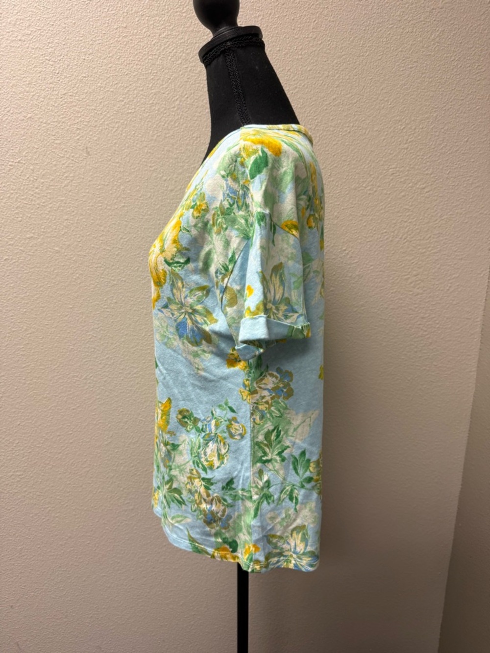 Talbots Floral Linen Blend Top Blue Yellow Short Sleeve Summer Shirt L - Picture 4 of 9